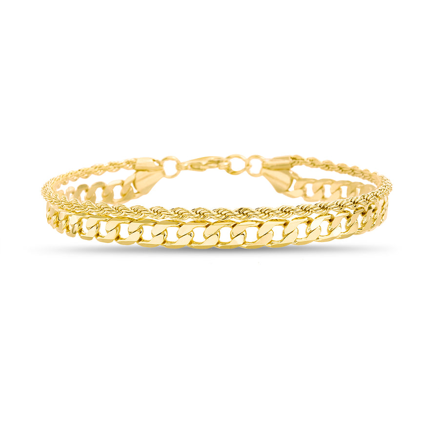 Brass Yellow Gold-Plated Waterproof Polished Twisted Design & Cuban Link Chain Double Layered Anklet