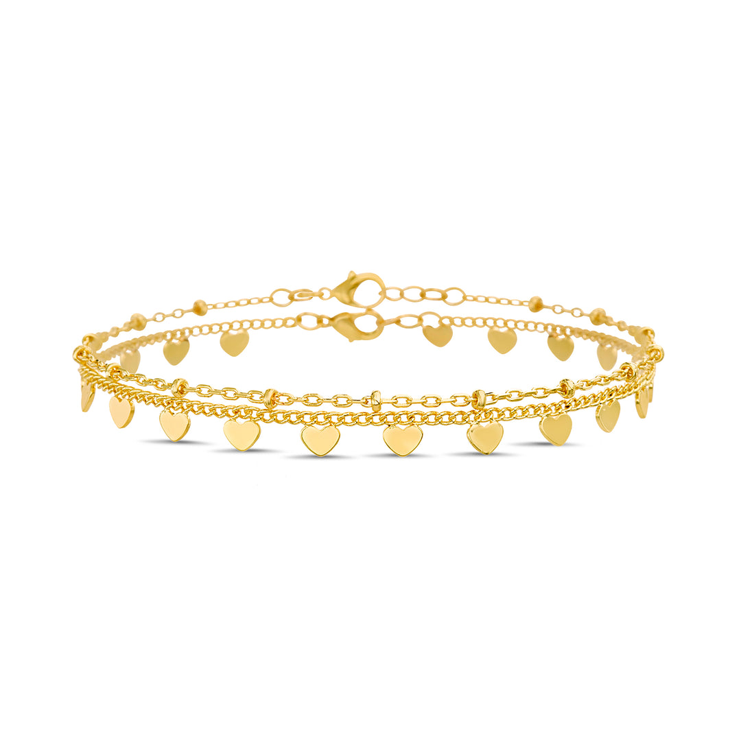 Brass Yellow Gold-Plated Waterproof Heart & Bead Duo Anklet Set