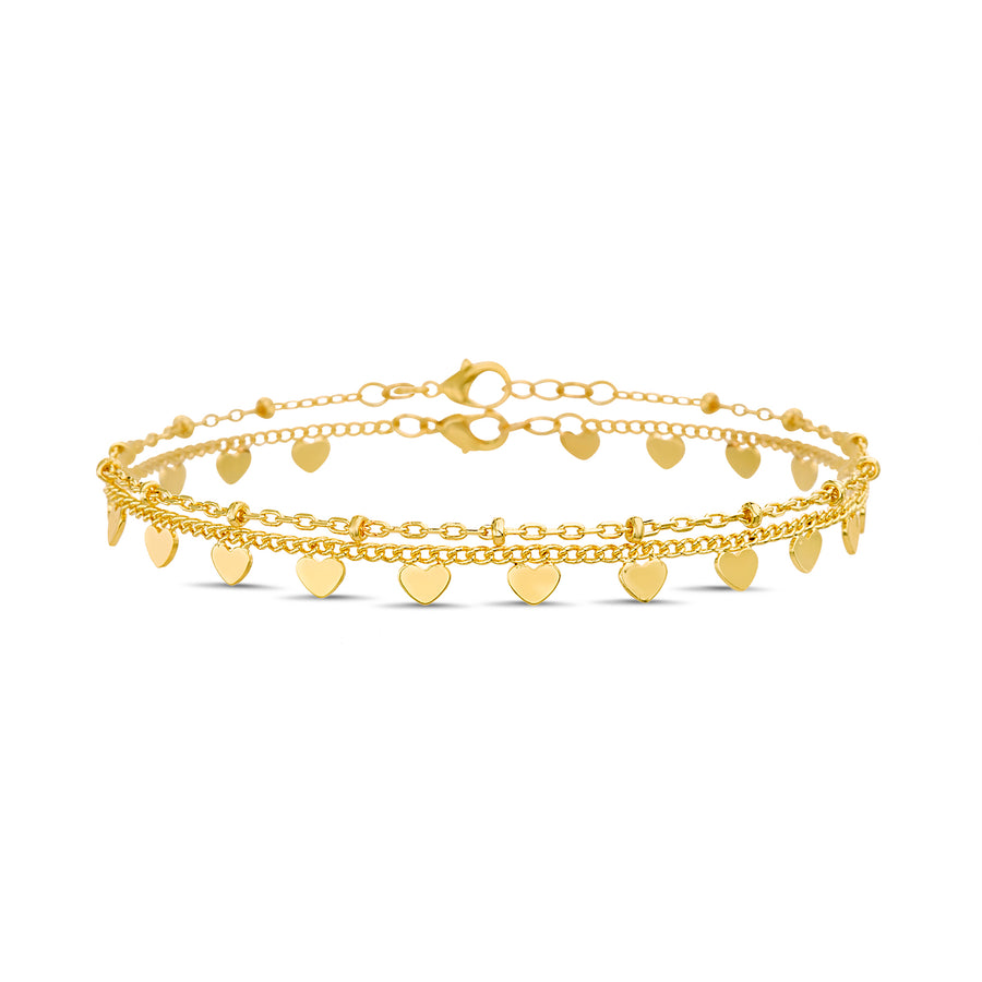 Brass Yellow Gold-Plated Waterproof Heart & Bead Duo Anklet Set