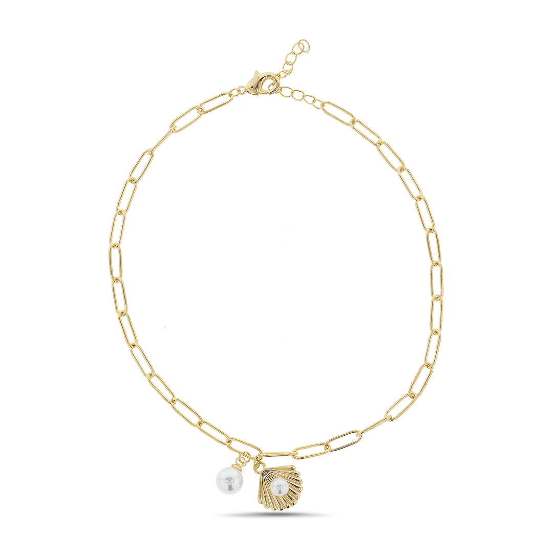 Brass Waterproof Teardrop Pearl & Sea Shell Baby Paper Clip Anklet