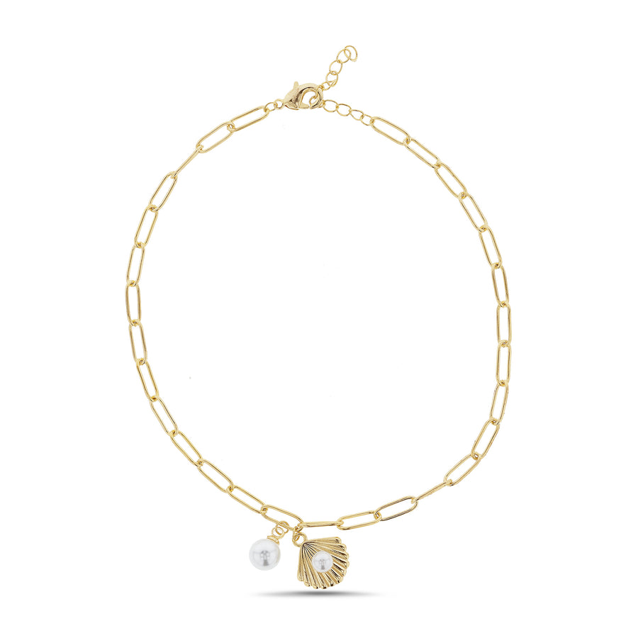 Brass Waterproof Teardrop Pearl & Sea Shell Baby Paper Clip Anklet