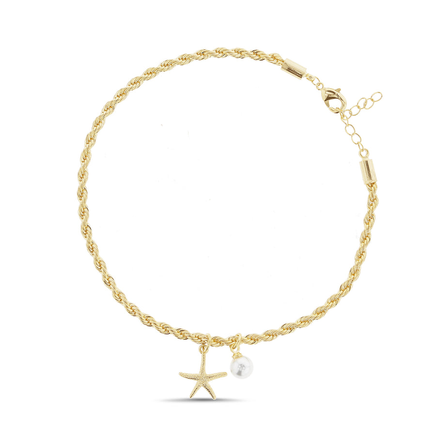 Brass Waterproof with Starfish and Pearl Diamond Cut Anklet