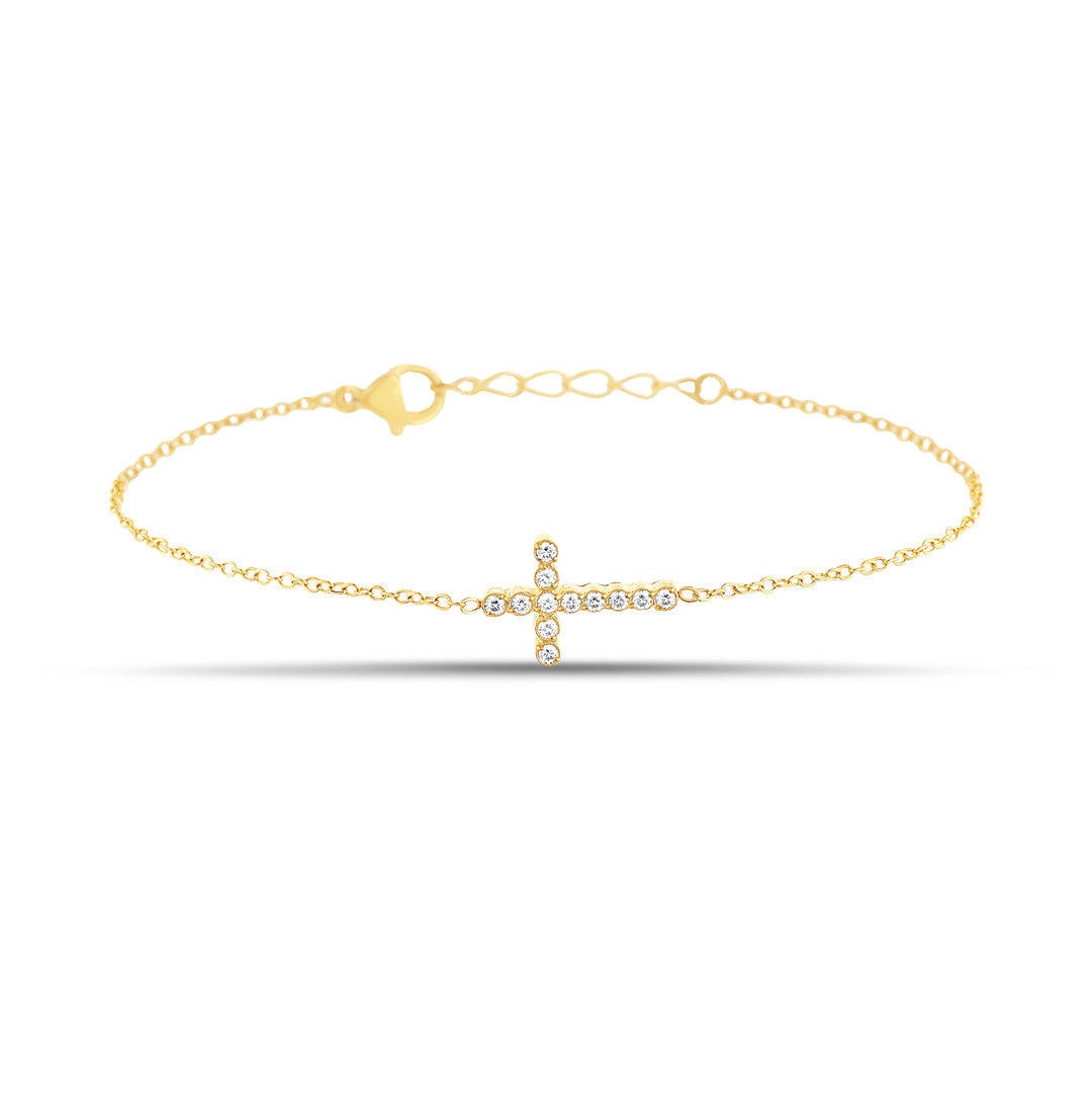 Sterling Silver Yellow Gold-Plated Waterproof Cubic Zirconia Cross Charm Cable Chain Anklet