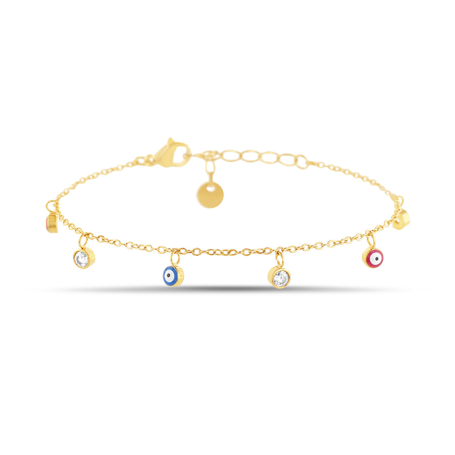 Sterling Silver Yellow Gold-Plated Waterproof Multicolored Simulated Stone Dangle Charms Cable Chain Anklet