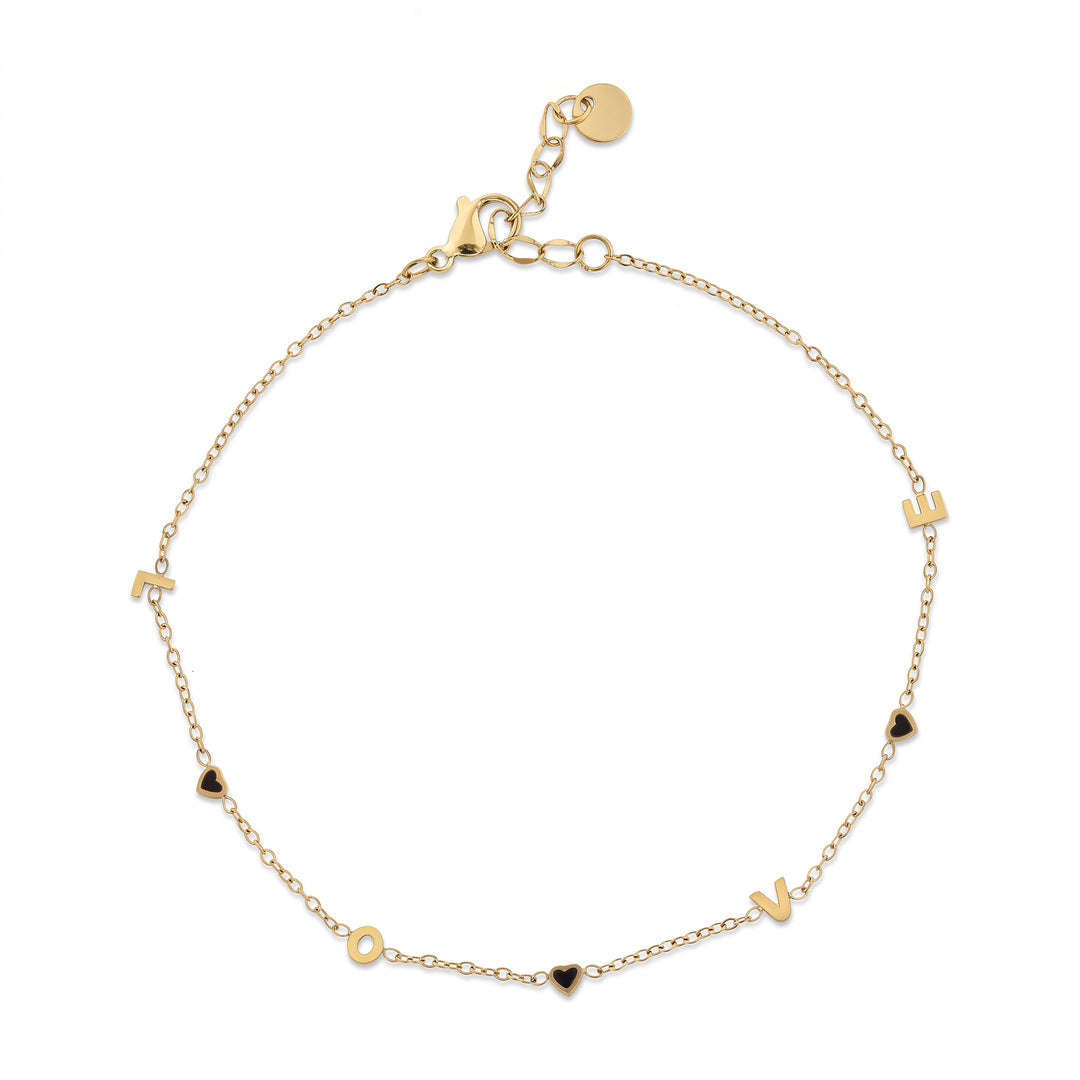 Sterling Silver Yellow Gold-Plated Waterproof Enamel "love" Heart Station Charms Cable & Tennis Double Chain Anklet