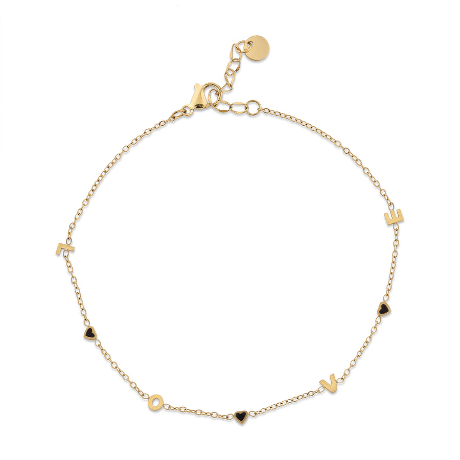 Sterling Silver Yellow Gold-Plated Waterproof Enamel "love" Heart Station Charms Cable & Tennis Double Chain Anklet