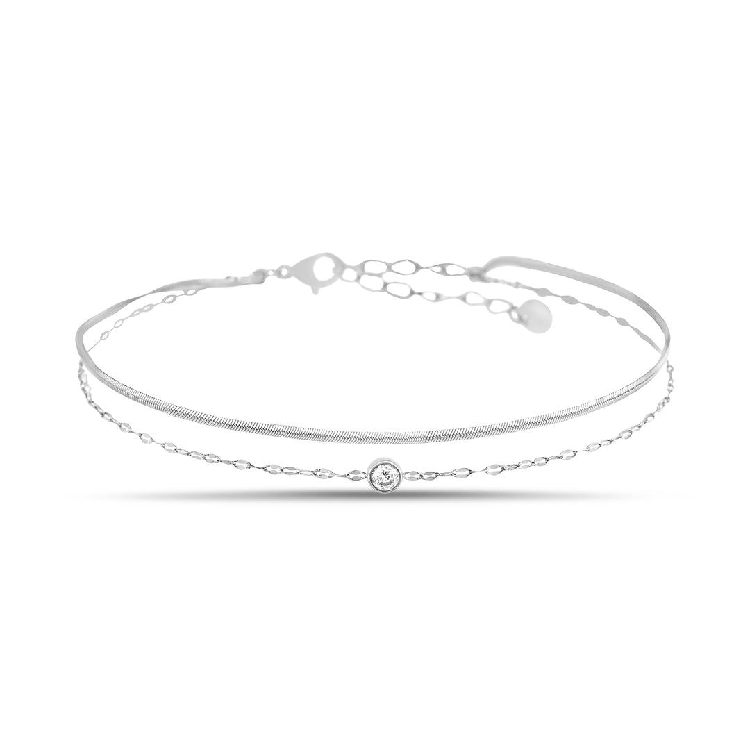 Sterling Silver Waterproof Cubic Zirconia Bead Snake Mirror Double Chain Anklet
