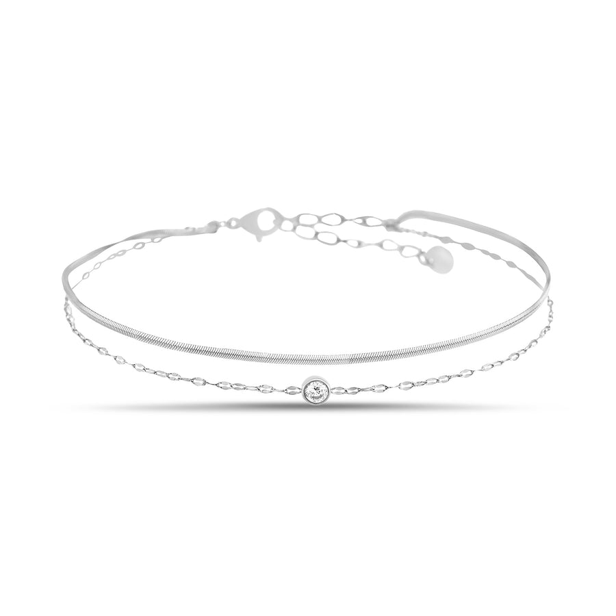 Sterling Silver Waterproof Cubic Zirconia Bead Snake Mirror Double Chain Anklet