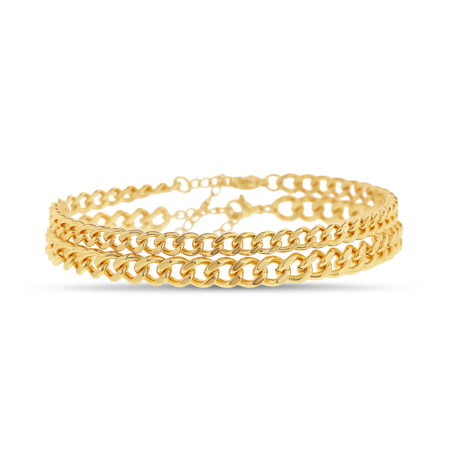 Sterling Silver Yellow Gold-Plated Waterproof Curb Chain Two Anklet Set