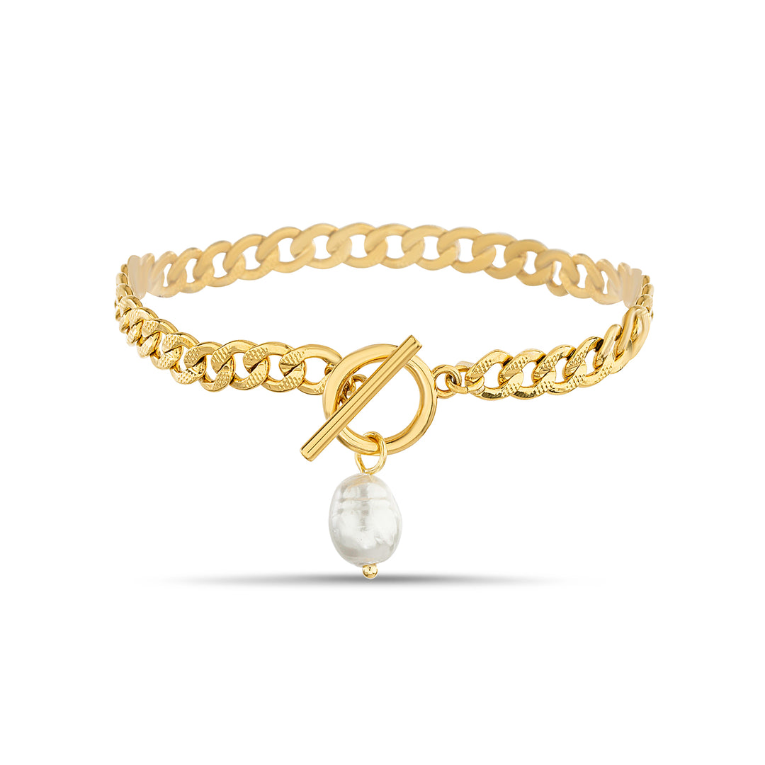 Brass Yellow Gold-Plated Waterproof Dangle Pearl Bracelet