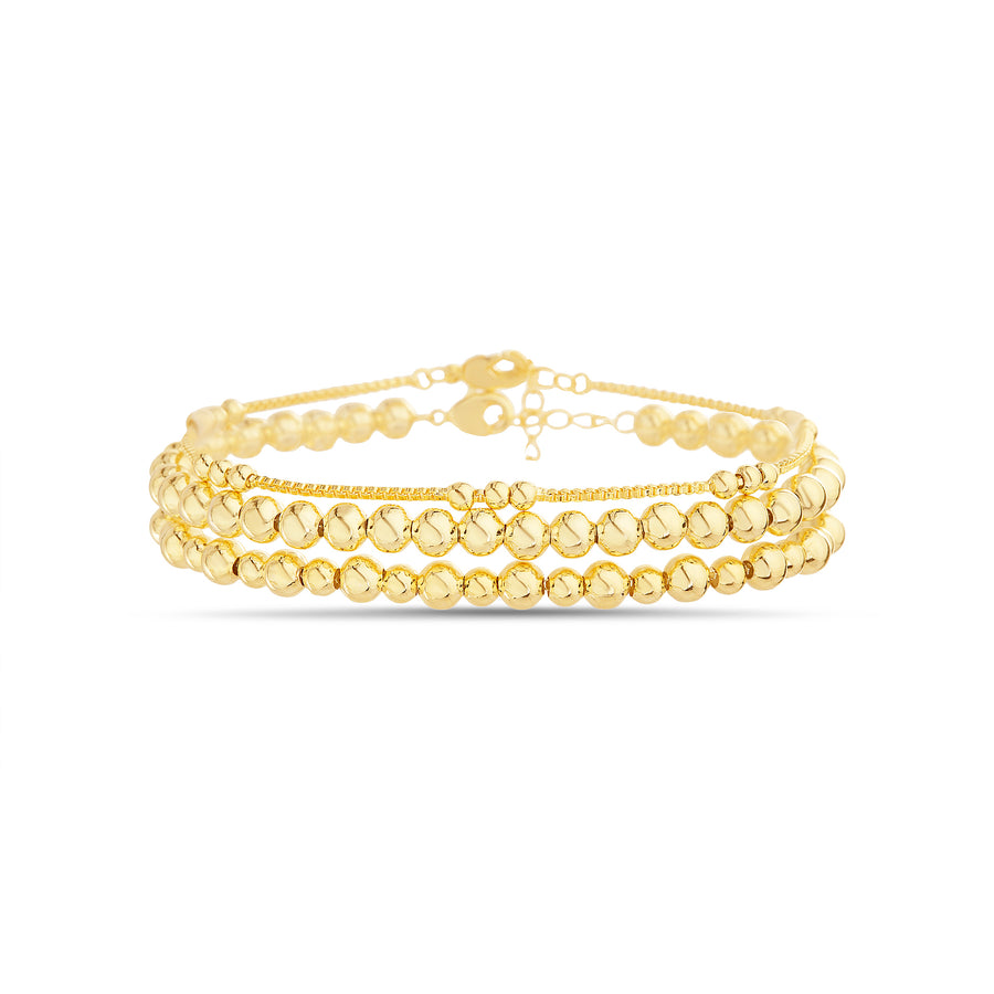 Brass Yellow Gold-Plated Waterproof Polished Beaded Station Trio Bracelet Set