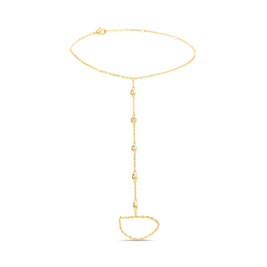 Brass Yellow Gold-Plated Waterproof 90MM 3MM Wt Cubic Zirconia 0.5mm Bezel, 35MM Finger Loop Hand Chain Bracelet