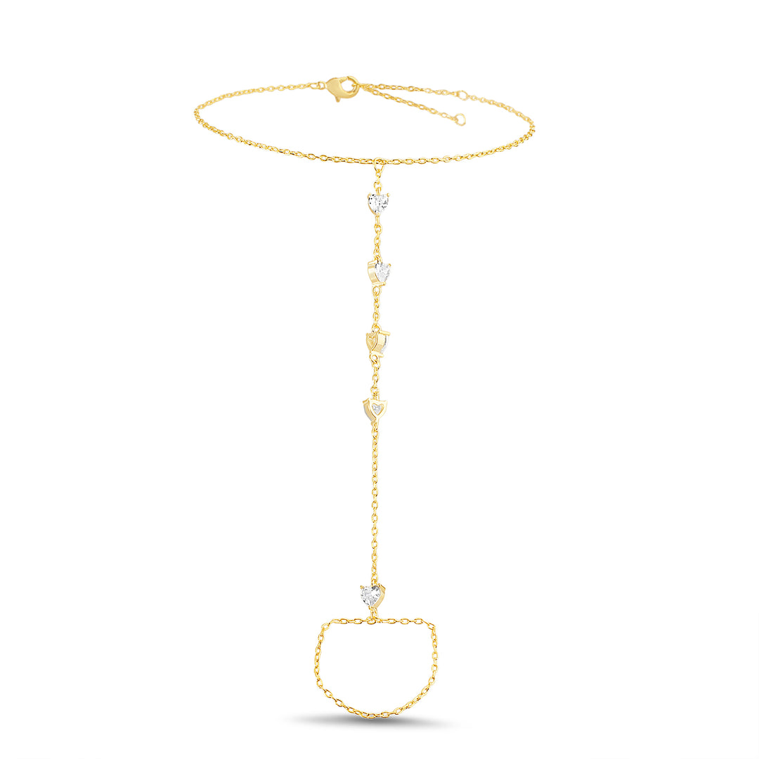 Brass Yellow Gold-Plated Waterproof Heart Cut Cubic Zirconia Hand Chain Bracelet