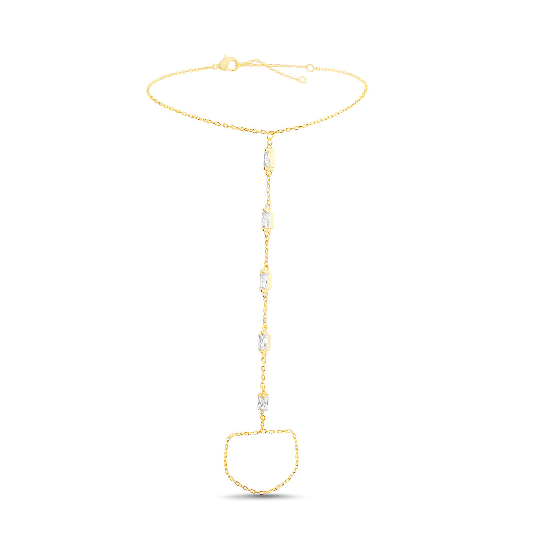 Brass Yellow Gold-Plated Waterproof Emerald Cut Cubic Zirconia Hand Chain Bracelet