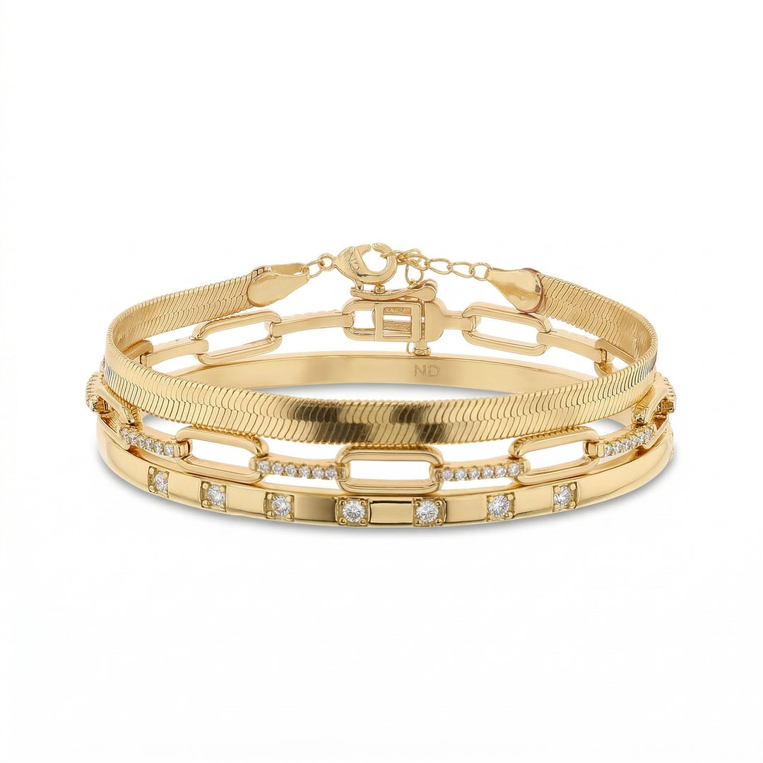 Brass Yellow Gold-Plated Waterproof Cubic Zirconia Studded Textured Bangle, Cubic Zirconia Oval Link & Herringbone Chain Trio Bracelet Set