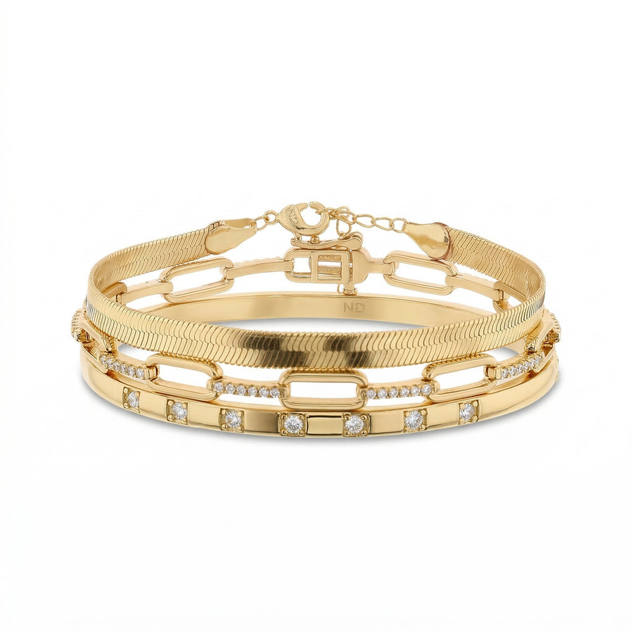 Brass Yellow Gold-Plated Waterproof Cubic Zirconia Studded Textured Bangle, Cubic Zirconia Oval Link & Herringbone Chain Trio Bracelet Set
