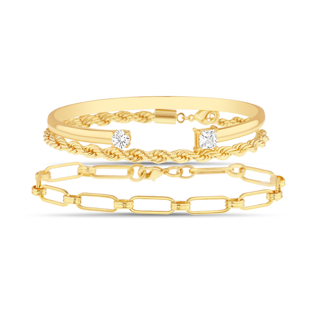 Brass Yellow Gold-Plated Waterproof Round Square Cubic Zirconia Cuff Bangle Rope Chain & Link Chain Trio Bracelet Set