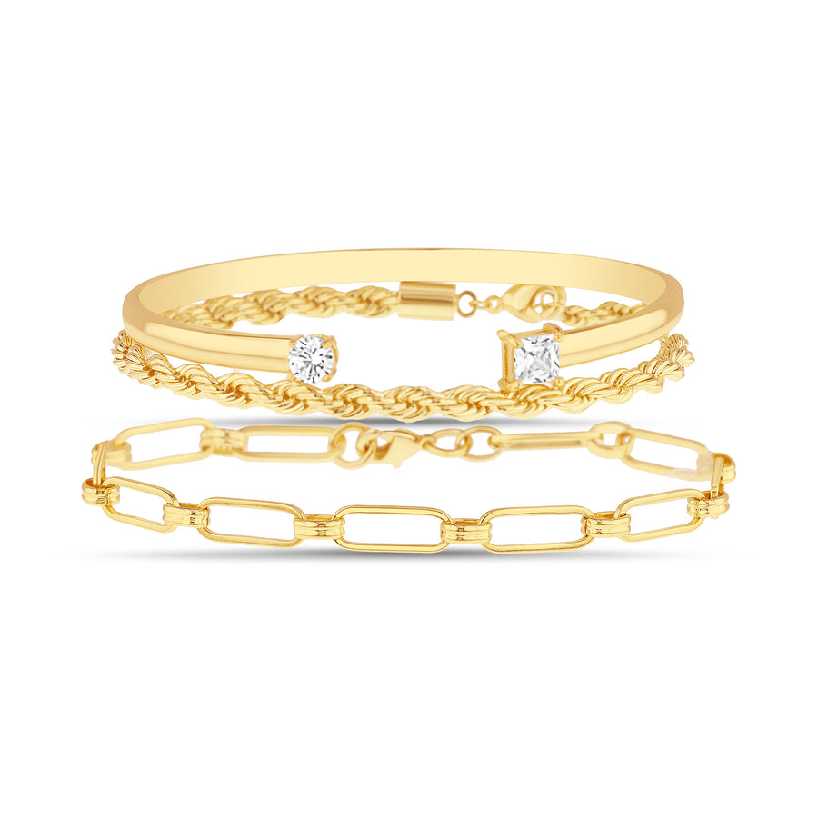 Brass Yellow Gold-Plated Waterproof Round Square Cubic Zirconia Cuff Bangle Rope Chain & Link Chain Trio Bracelet Set