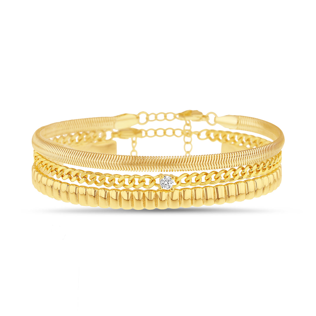 Brass Yellow Gold-Plated Waterproof Textured Cuff Bangle Cubic Zirconia Round Curb Chain & Herringbone Chain Trio Bracelet Set