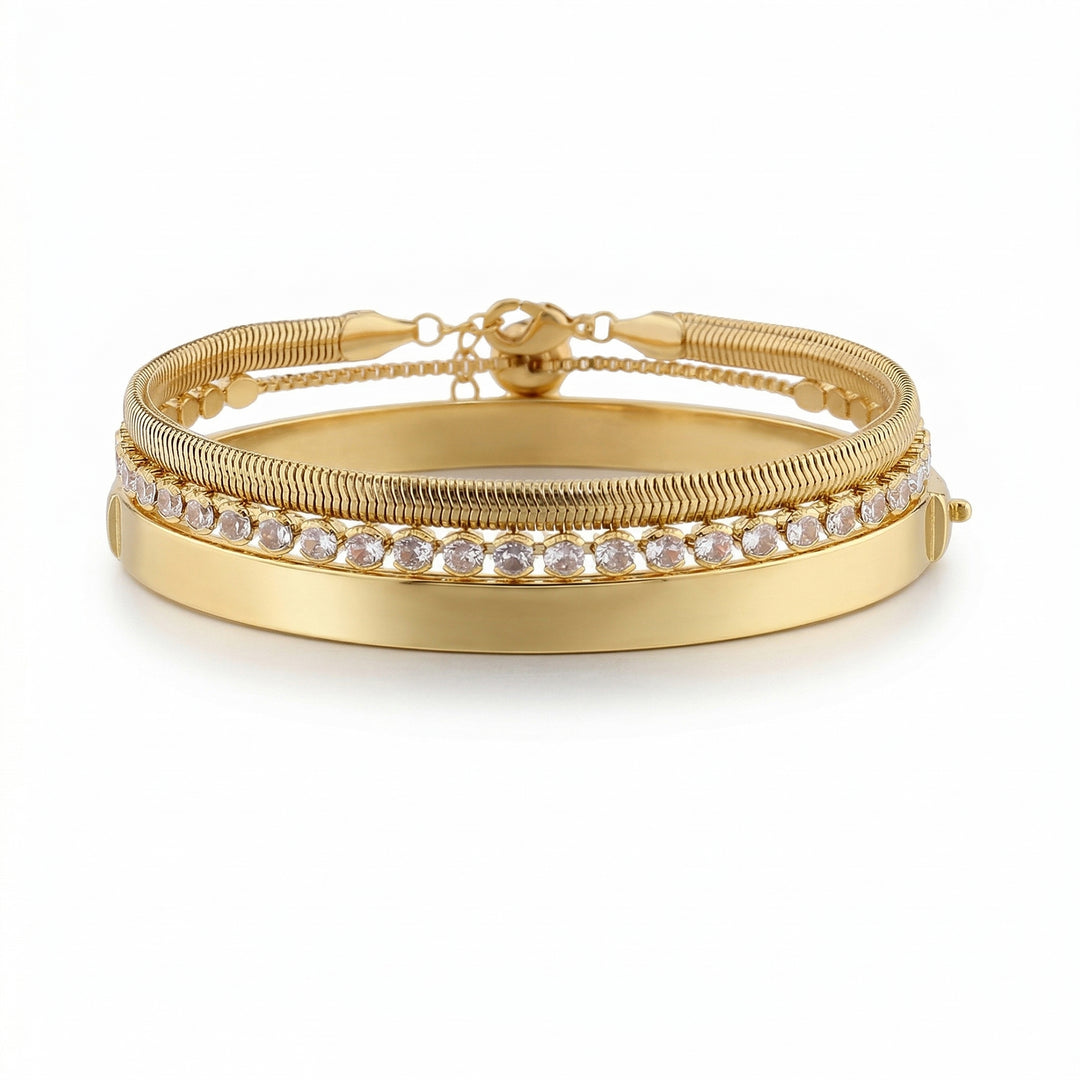 Brass Yellow Gold-Plated Waterproof Cubic Zirconia Tennis, Snake Chain & Cuff Trio Bracelet Set