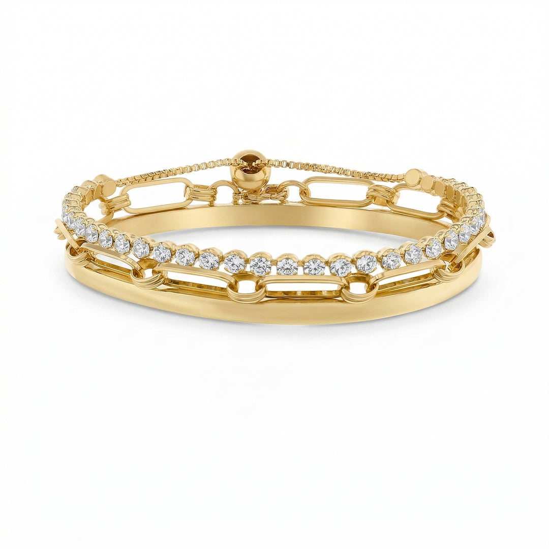 Brass Yellow Gold-Plated Waterproof Cubic Zirconia Tennis, Paperclip & Cubic Zirconia Studded Chain Trio Bracelet Set
