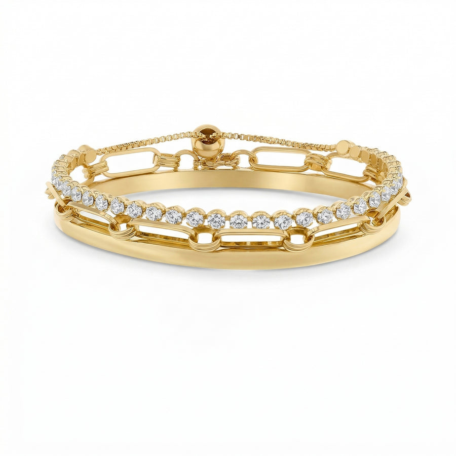 Brass Yellow Gold-Plated Waterproof Cubic Zirconia Tennis, Paperclip & Cubic Zirconia Studded Chain Trio Bracelet Set