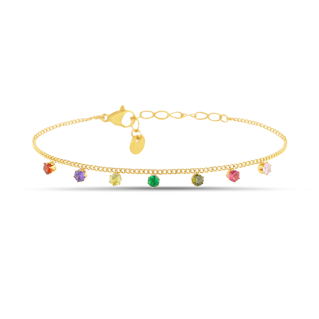 Sterling Silver Yellow Gold-Plated Waterproof Multicolored Crystal Curb Chain Anklet