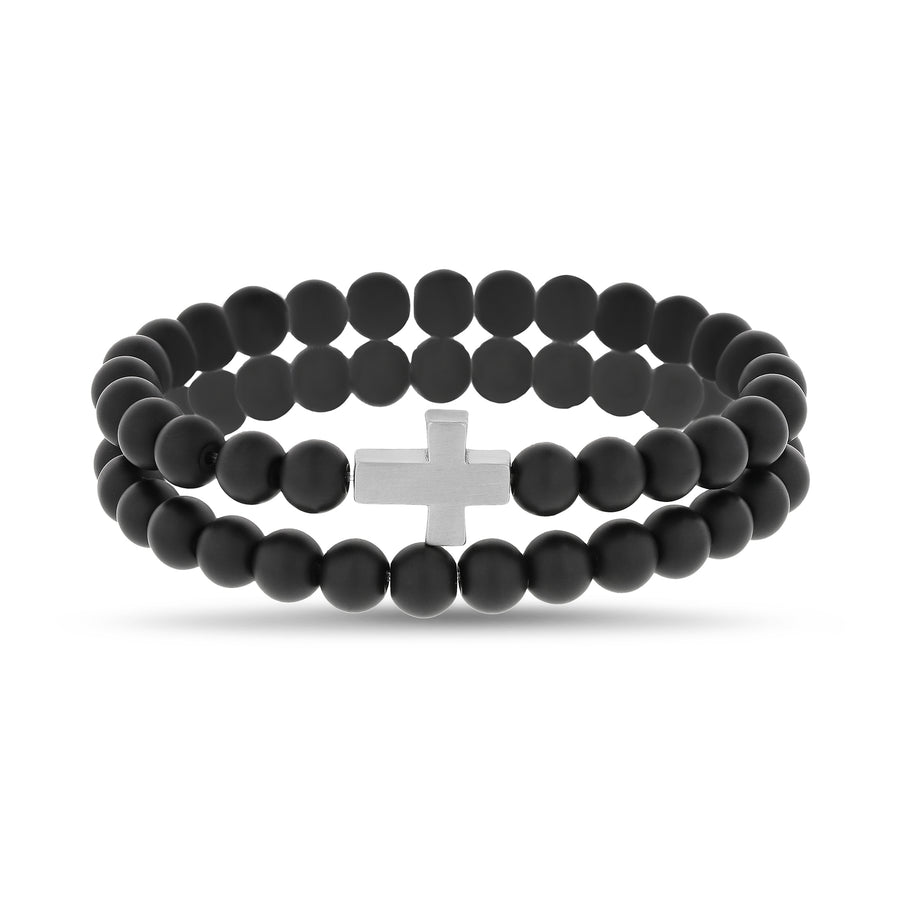 Stainless Steel Black Matte Bead 2 Pcs Bracelet Set