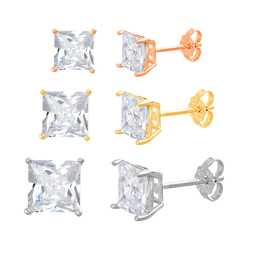 Brass Tri-color Waterproof 3 4 5MM Princess Cubic Zirconia Stud Trio Earring Set