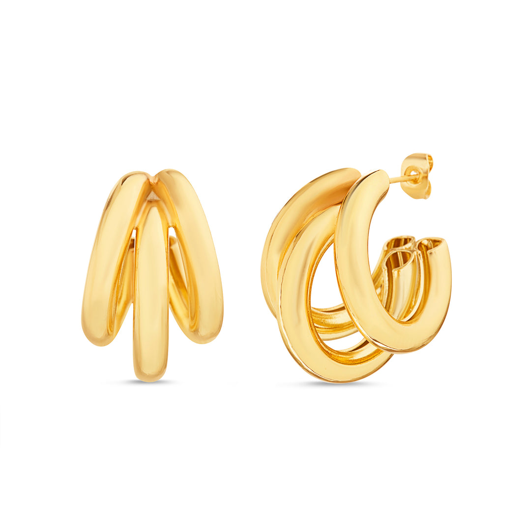Brass Yellow Gold-Plated Waterproof - Polish Triple Design Hoop Earring