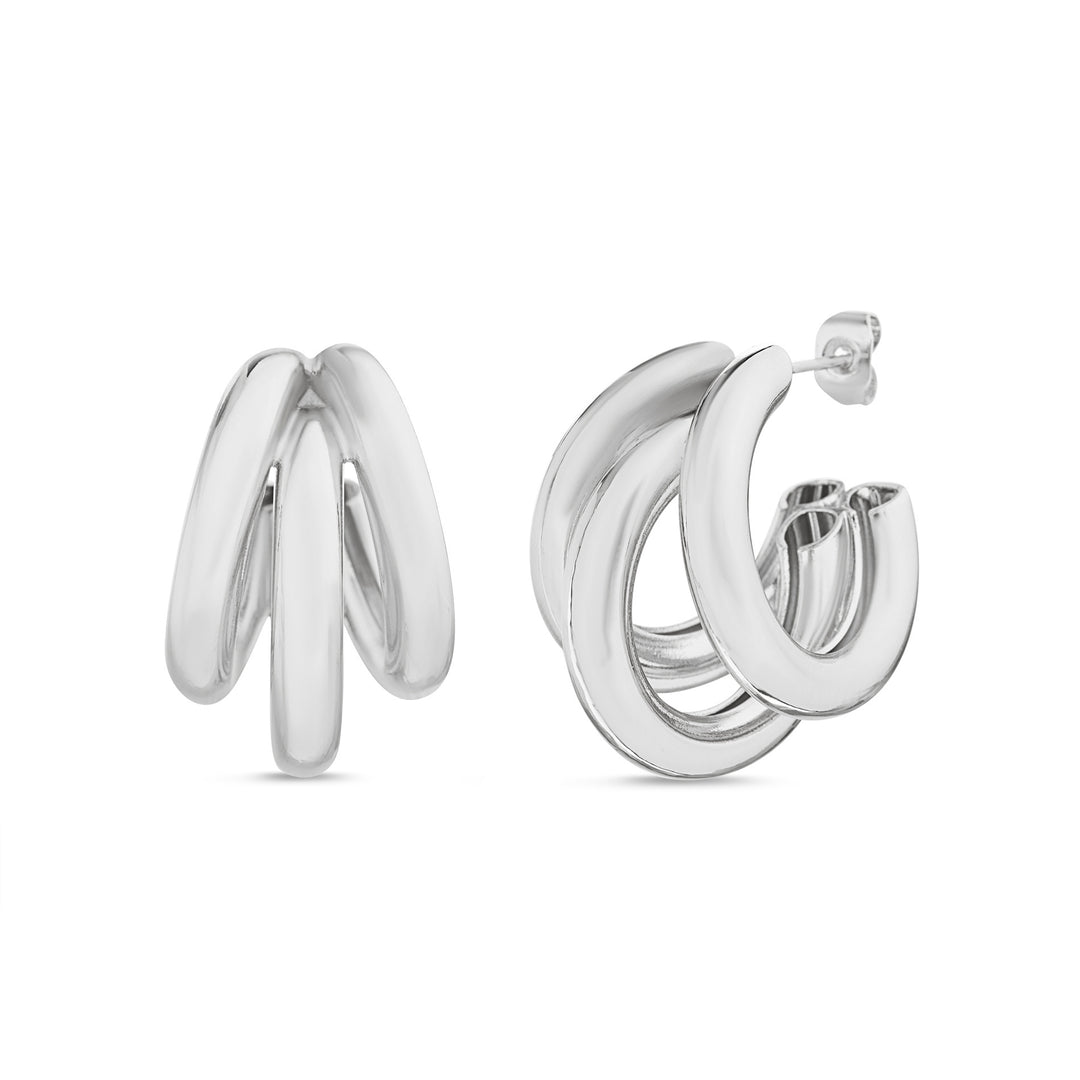 Brass Rhodium-Plated Waterproof Polish Triple Design Hoop Earring