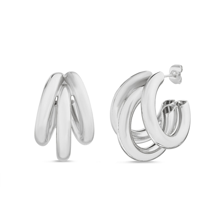 Brass Rhodium-Plated Waterproof Polish Triple Design Hoop Earring