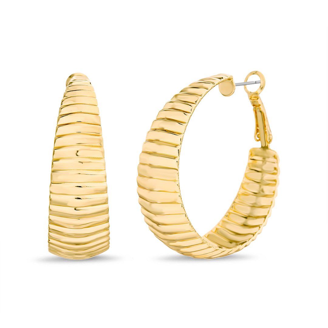 Brass Yellow Gold-Plated Waterproof- Textured Design Hoop Earring