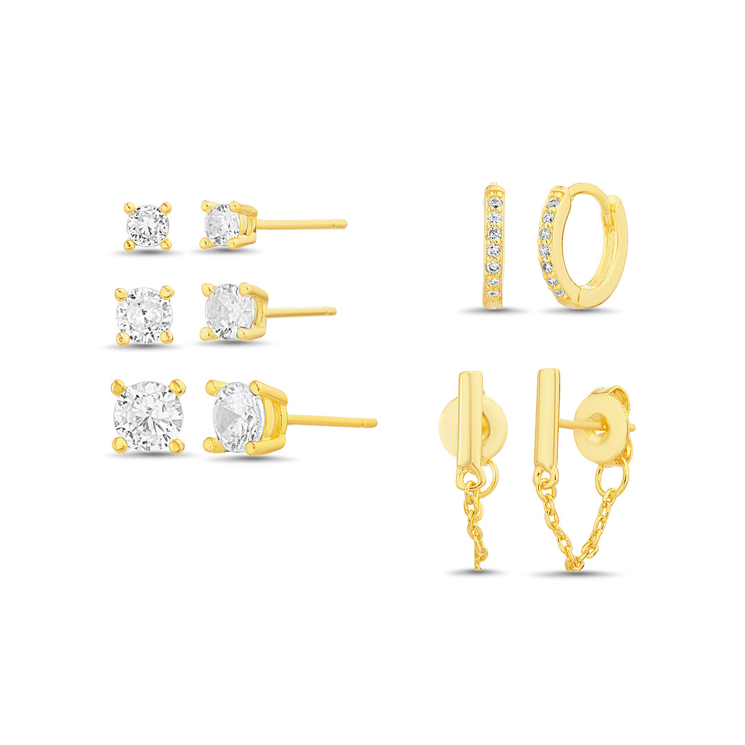 Brass Yellow Gold-Plated Waterproof Cubic Zirconia Pave Cubic Zirconia Baguette Bar Cable Chain Front To Back 3MM 4MM 5MM Cubic Zirconia Stud 5 Pc Earring Set