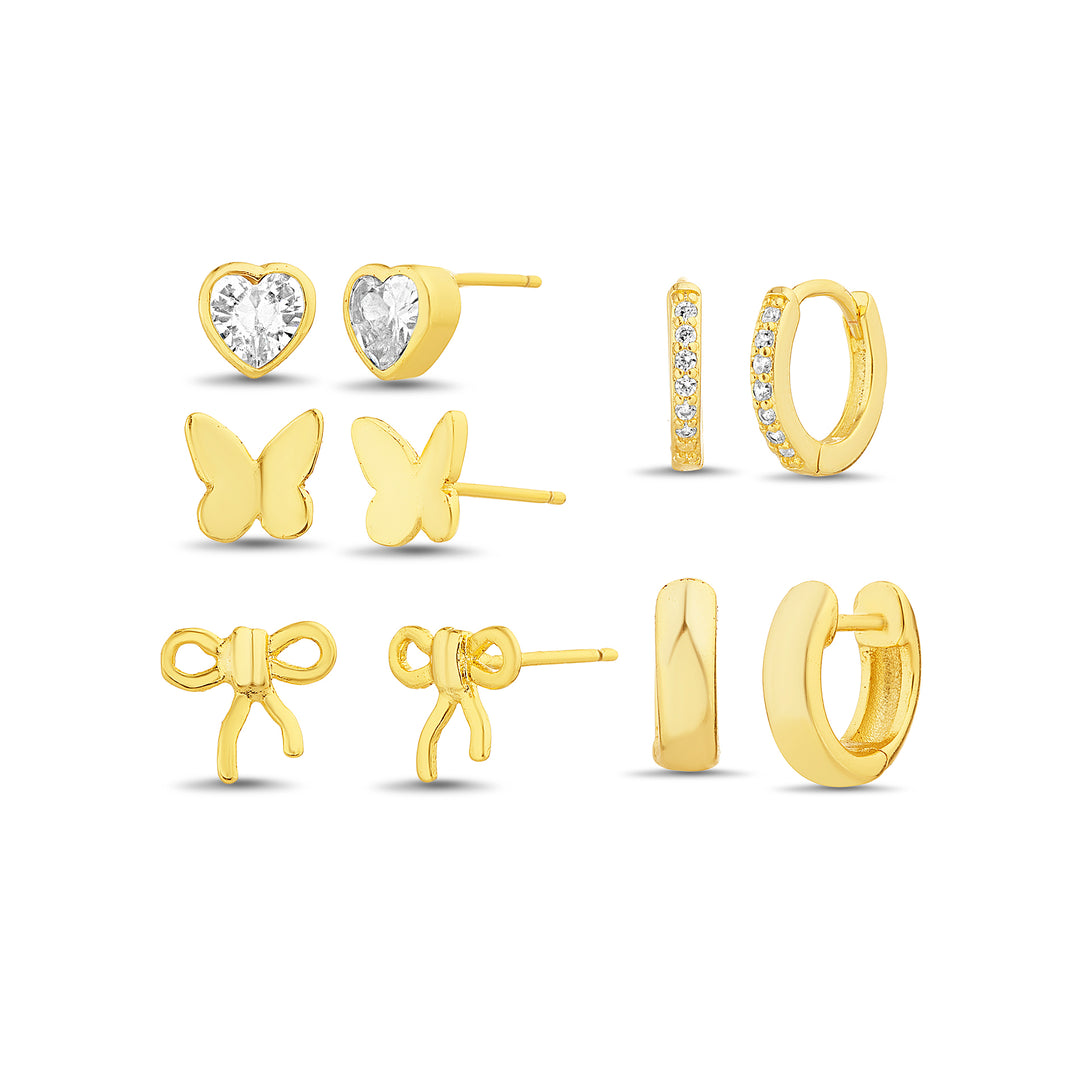 Aquamir Gold Tone Waterproof Cubic Zirconia Butterfly, Bow & Hoops 5-Pair Earring Set