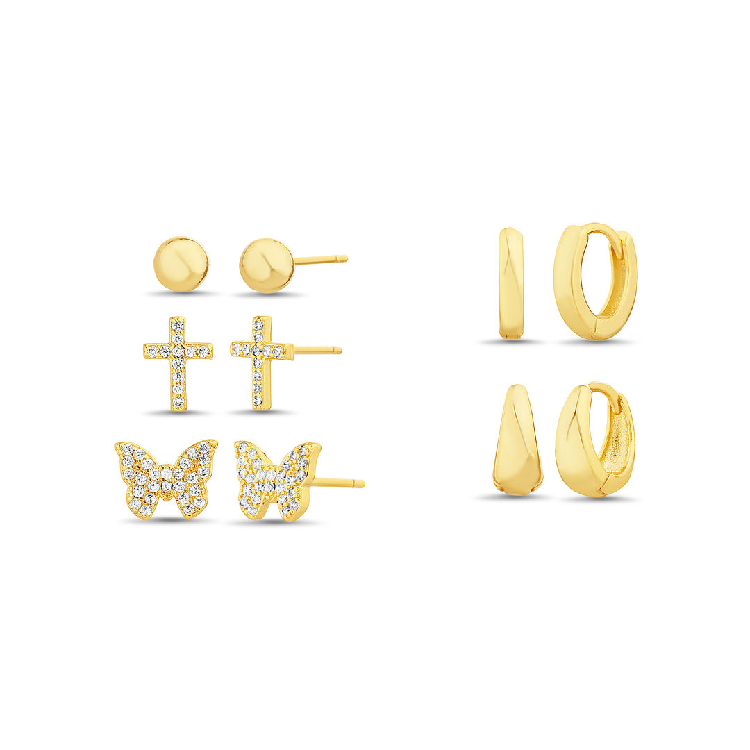 Brass Yellow Gold-Plated Waterproof Polished Cubic Zirconia Huggies Cubic Zirconia Cubic Zirconia Cross Polished Ball & Cubic Zirconia Pave Bfly Stud 5 Pcs Earring Set