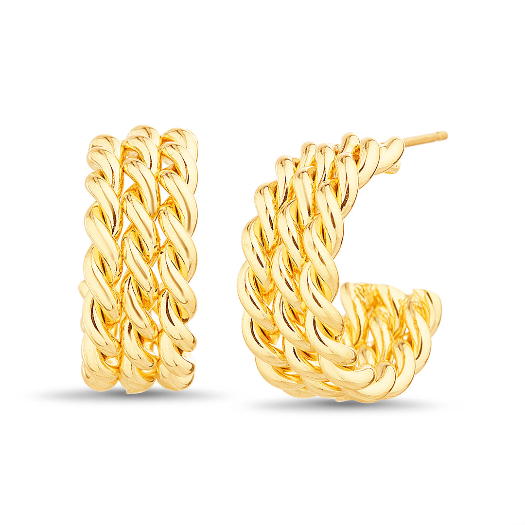 Brass Yellow Gold-Plated Waterproof Tripple Vision Twisted Hoop Earring