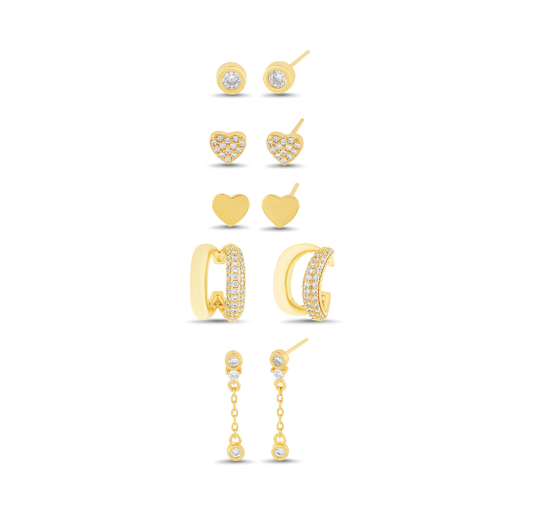 Brass Yellow Gold-Plated Waterproof Cubic Zirconia Bezel Stud Pave Heart & Polishedh Eart "v"" Shaped Cubic Zirconia Bezel Drop Down 5 Pc Earring Set