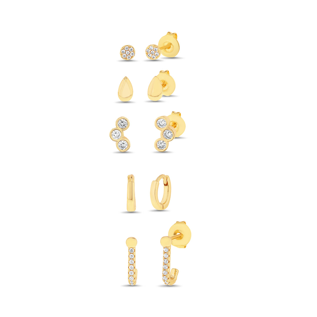 Brass Yellow Gold-Plated Waterproof Cubic Zirconia "j" Post Polished Huggie Cubic Zirconia Bezled Post Cubic Zirconia Pave Disc Polished Concave Disc 5pc Earring Set