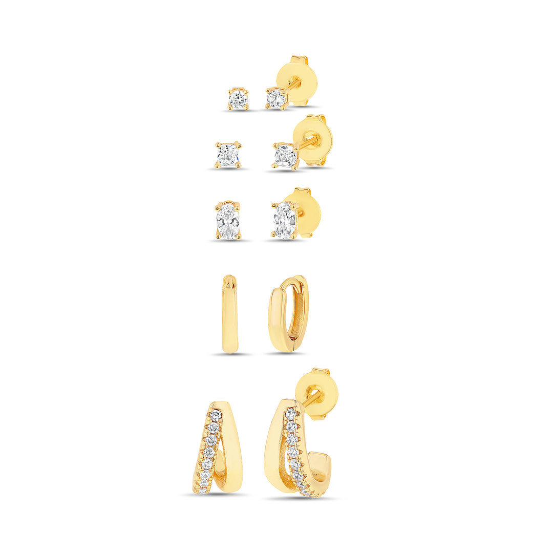 Aquamir Waterproof Gold Tone Cubic Zirconia Stud & Hoop 5-Piece Earring Set