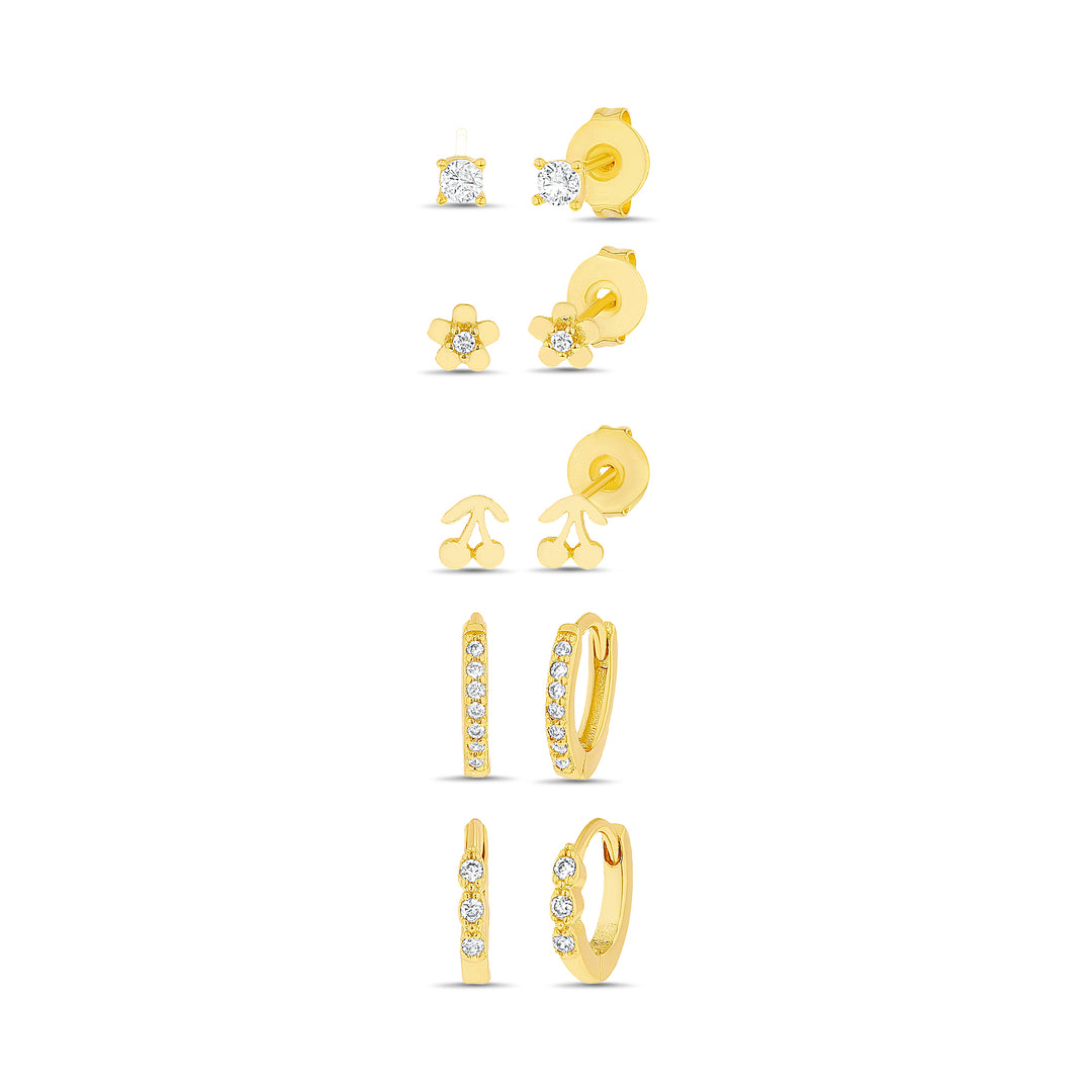 Brass Yellow Gold-Plated Waterproof Cubic Zirconia Teardrop Huggie Ca Huggie Cherry Cubic Zirconia Flower Cubic Zirconia Polished Huggie Cubic Zirconia Double Stranded Rd Square Oval Stud 5 Pc Earring Set