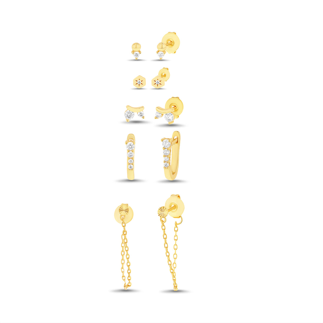 Brass Yellow Gold-Plated Waterproof Graduated Cubic Zirconia "u" Hinge Hoop Textured Cable Chain Post Front Back Earring Cubic Zirconia Ball Star Ball Cubic Zirconia 5 Pc Earring Set