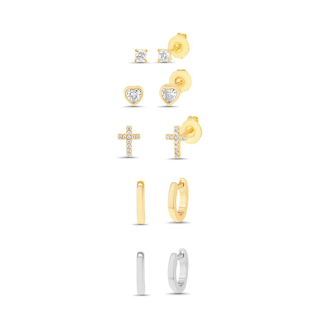 Brass Trio Waterproof Polished Huggie Cubic Zirconia Heart Cross Stud Cubic Zirconia Stud 5 Pc Stud Earring Set