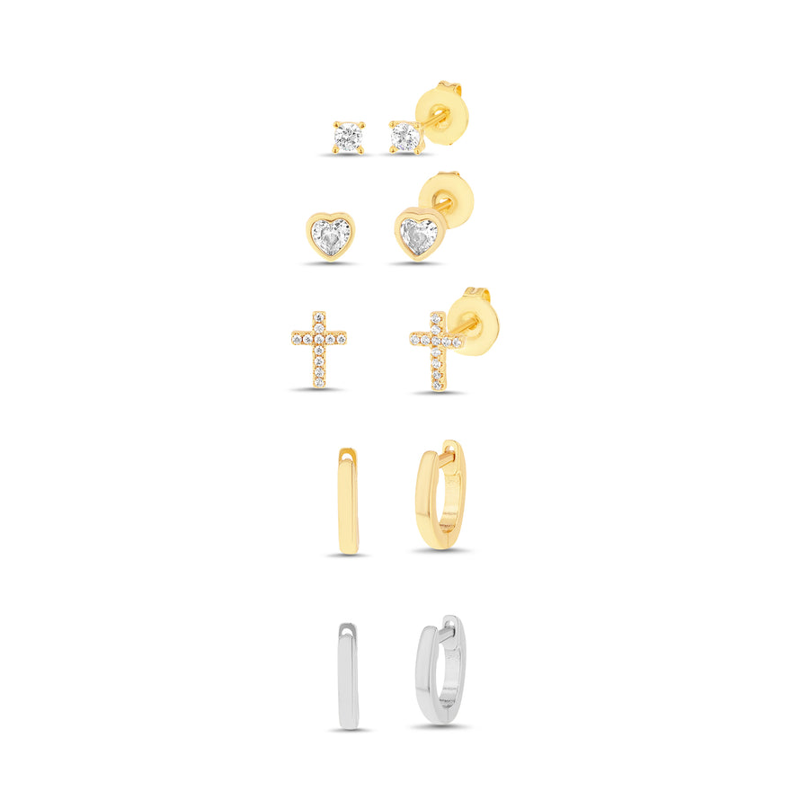 Brass Trio Waterproof Polished Huggie Cubic Zirconia Heart Cross Stud Cubic Zirconia Stud 5 Pc Stud Earring Set