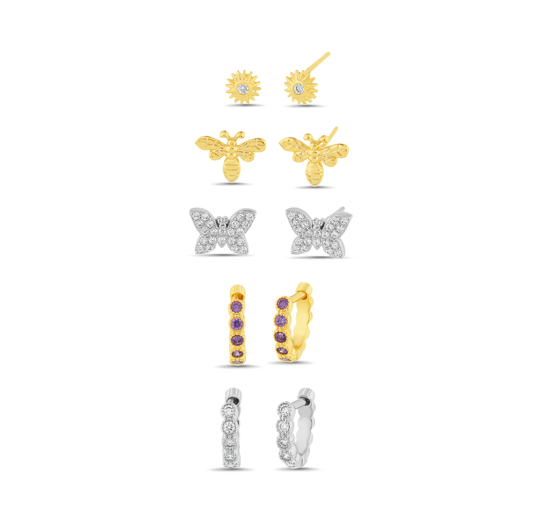 Brass Rhodium-Plated 2 Tone Waterproof (gold ) Cubic Zirconia Bezel Huggies Cubic Zirconia Sun Cubic Zirconia Bfly Bee 5 Pc Earring Set