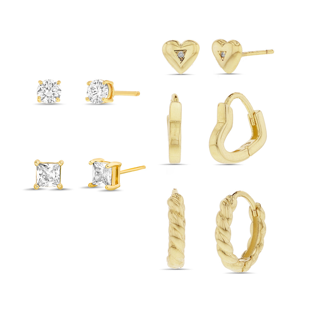 Brass Yellow Gold-Plated Waterproof Cubic Zirconia Round Heart Stud Heart Hoop & Rope Hoop 5pc Earrings Set