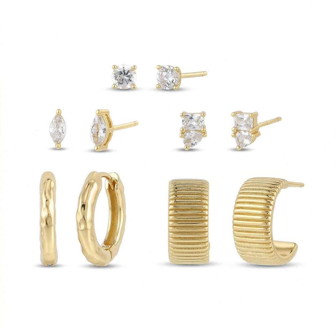 Brass Yellow Gold-Plated Waterproof Cubic Zirconia Round Cubic Zirconia Marquise Studs Hammered Design Huggie & Textured Hoop 5pc Earrings Set