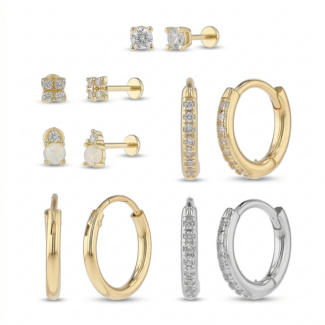 Brass Yellow Gold-Plated Waterproof Cubic Zirconia Trio Huggies 1.5mm Cubic Zirconia Flower Stud 4MM Cubic Zirconia Prong Opal Stud 6 Pcs Earring Set