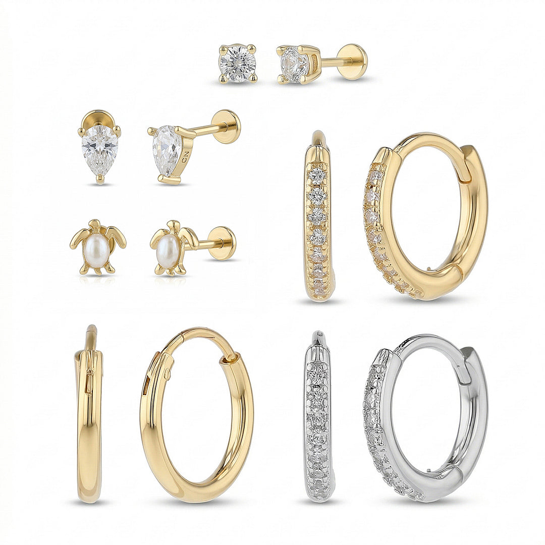 Brass Yellow Gold-Plated Waterproof Cubic Zirconia Trio Huggies 1.5mm Pearl Sea Turtle Stud 4MM Cubic Zirconia Prong Pear Cubic Zirconia Stud 6 Pcs Earring Set