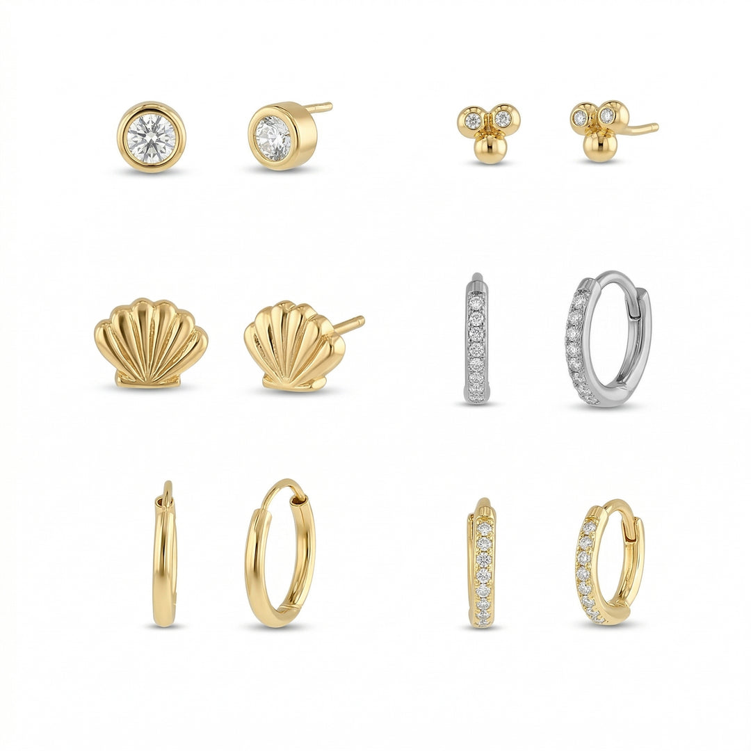 Brass Yellow Gold-Plated Waterproof Cubic Zirconia Trio Huggies 5MM Beaded Triangle Stud 5MM Sea Shell Bezeled Cubic Zirconia Stud 6 Pcs Earring Set